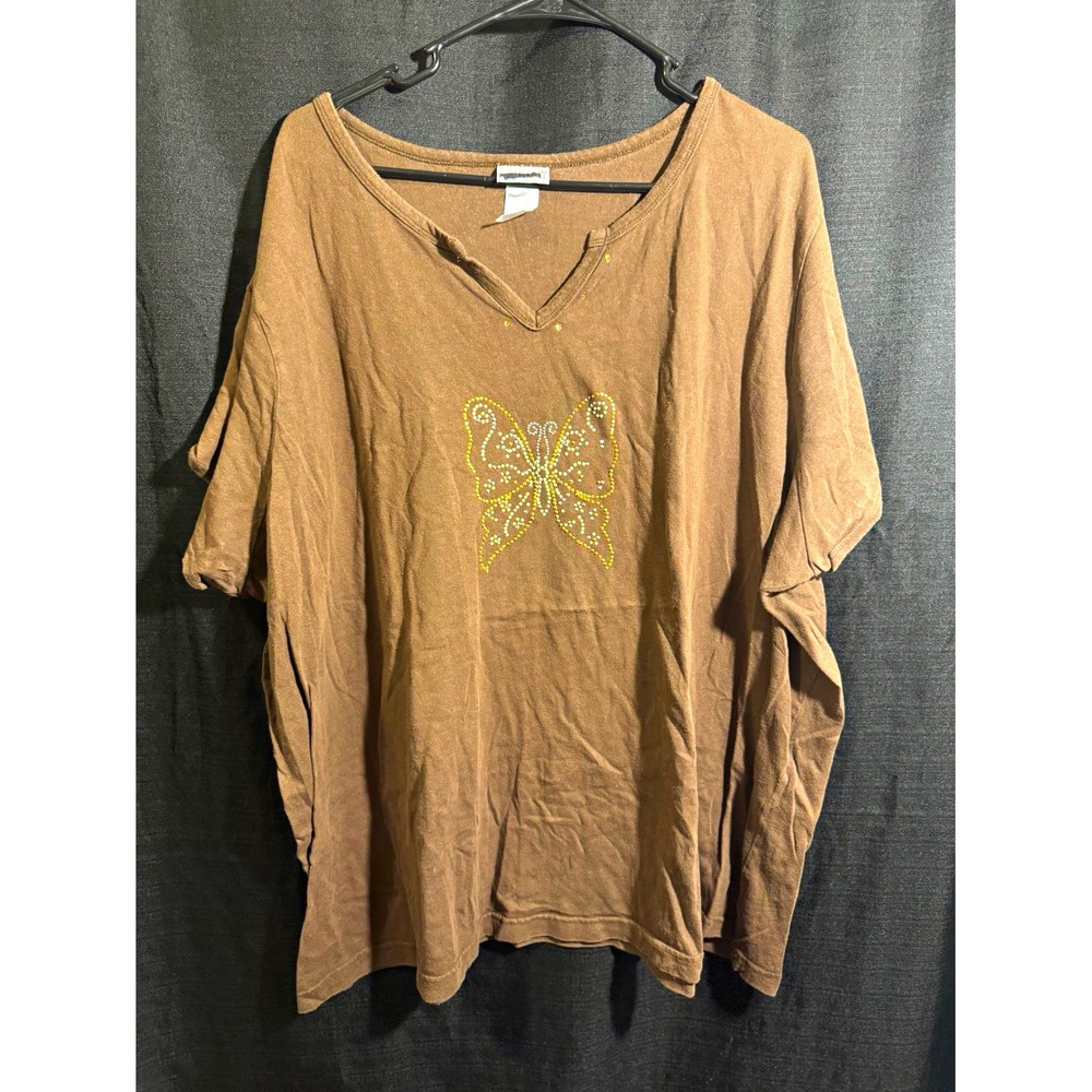 Vintage Fashion Bug Rhinestone Butterfly Brown V-Neck T-Shirt Plus Size 3X Y2K